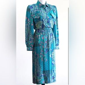1980s Turquoise Blouson Dress with Paisley Print